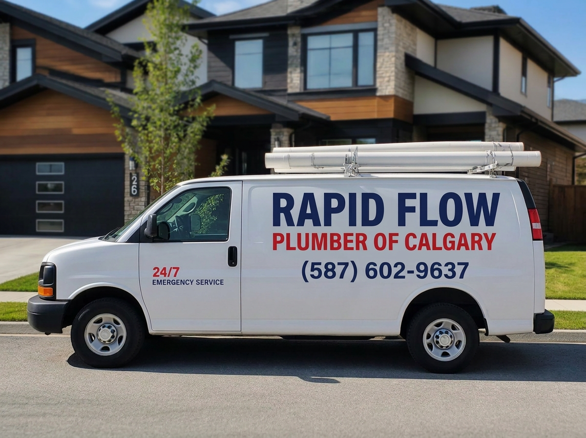 Rapid flow Plumber Of Calgary branded service van and technicians at a Calgary home